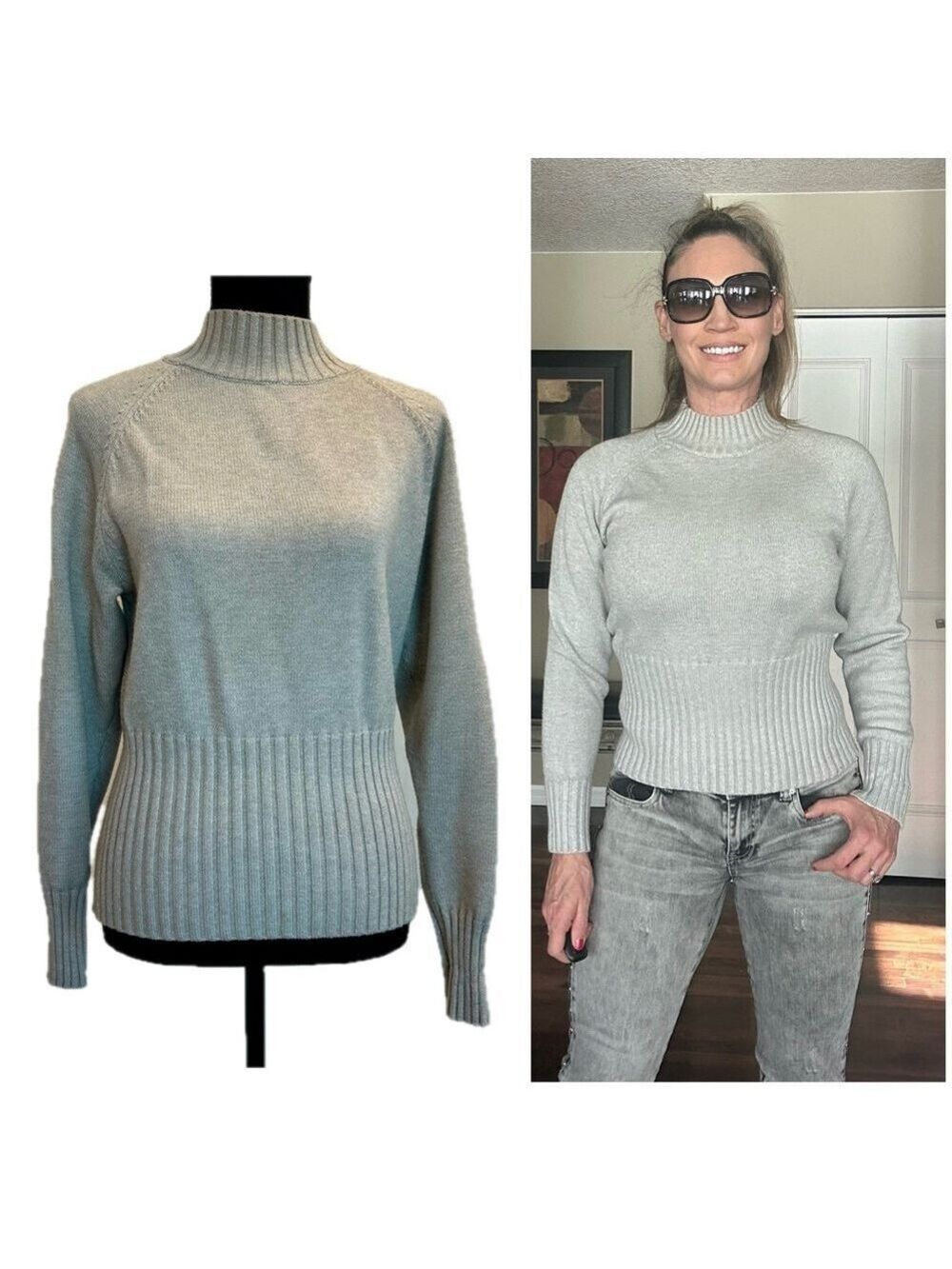 Suzy Shier Women’s Light Gray Ribbed Hem Mock Neck Sweater
